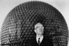 Buckminster Fuller in front of a geodesic dome
